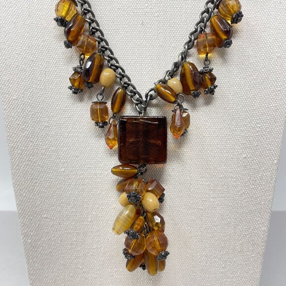 Murano Glass Beaded Necklace Square Pendant Amber Brown Faceted - Picture 2 of 16